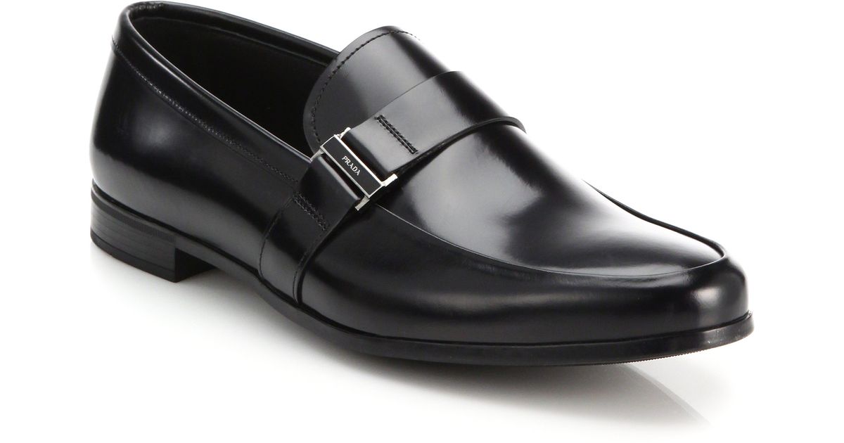 Prada Spazzolato Leather Sidebuckle Loafers in Black for Men Lyst