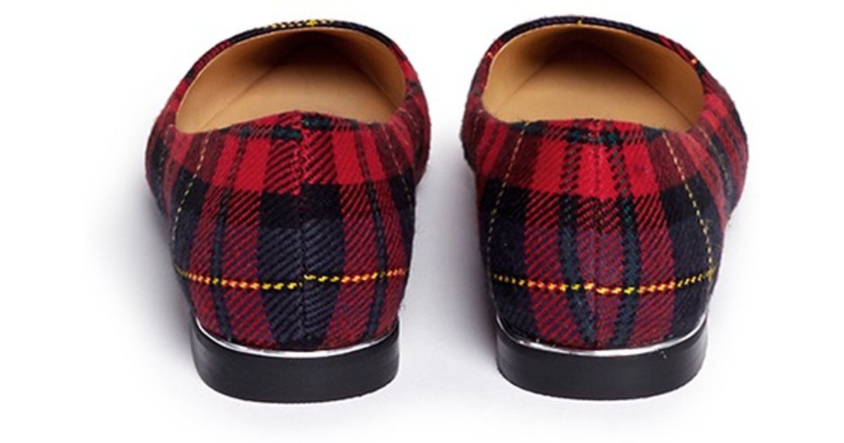 under the tree red plaid flat mules