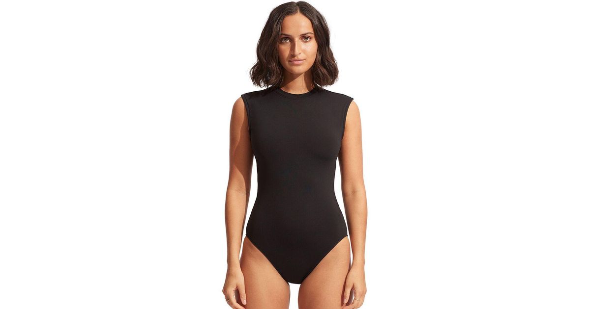 Seafolly Active Cap Sleeve Maillot One Piece Swimsuit in Black | Lyst
