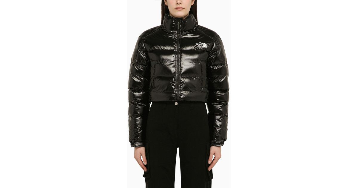 The North Face Glossy Cropped Nylon Down Jacket in Black | Lyst