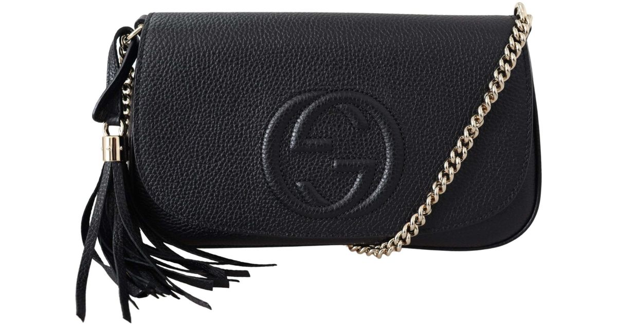 Gucci Leather Black Soho Disco GG Tassel Chain Crossbody Bag | Lyst