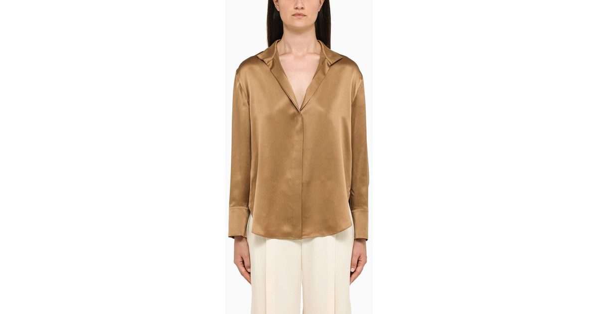 Vince Beige Silk Satin Blouse in Natural | Lyst