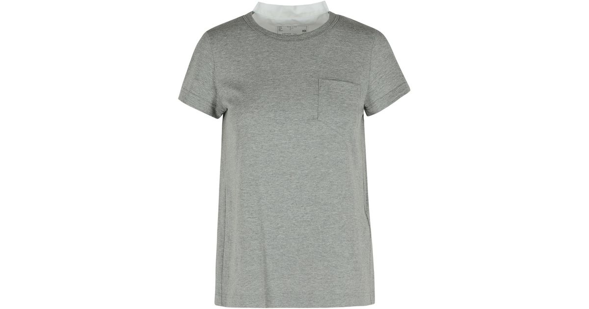 Sacai Ribbed Cotton T-Shirt With Pleated Back Insert in Grey