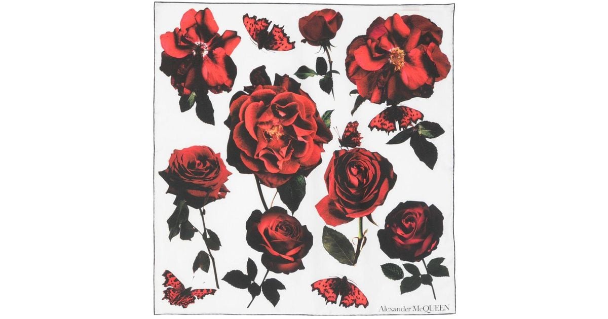 McQueen Rose Print Silk Scarf in Red Lyst UK