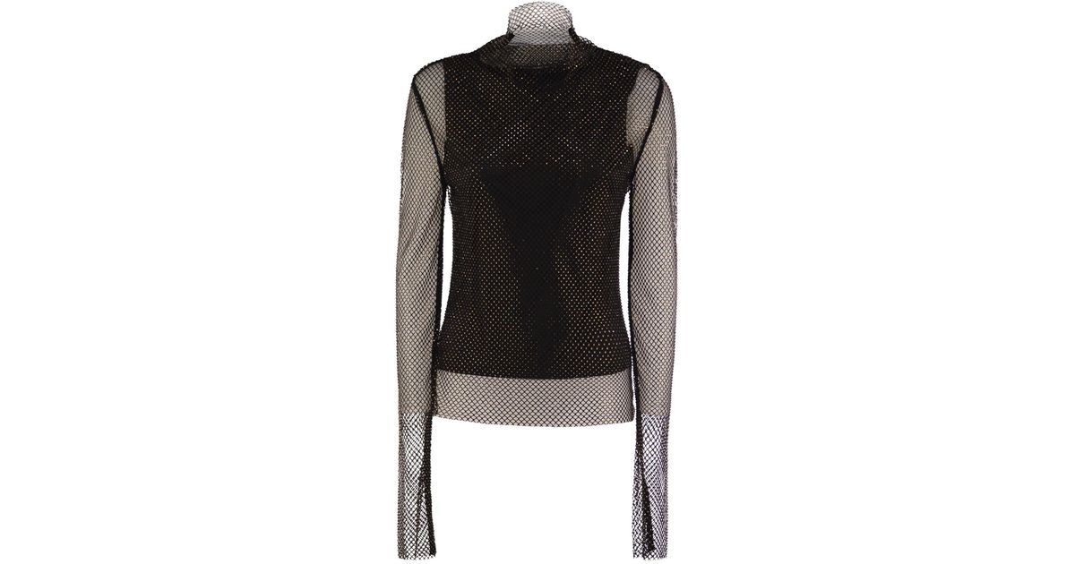 Sportmax Gerarda Mesh T Shirt With Rhinestones in Black