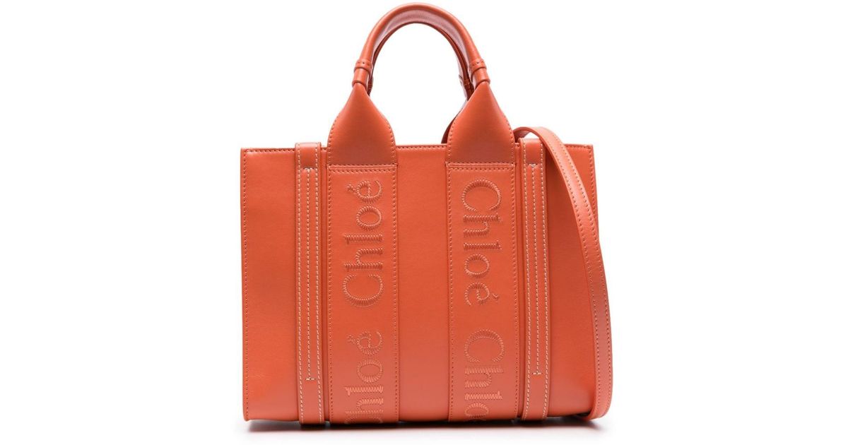 Chloé Woody Small Leather Tote in Orange | Lyst
