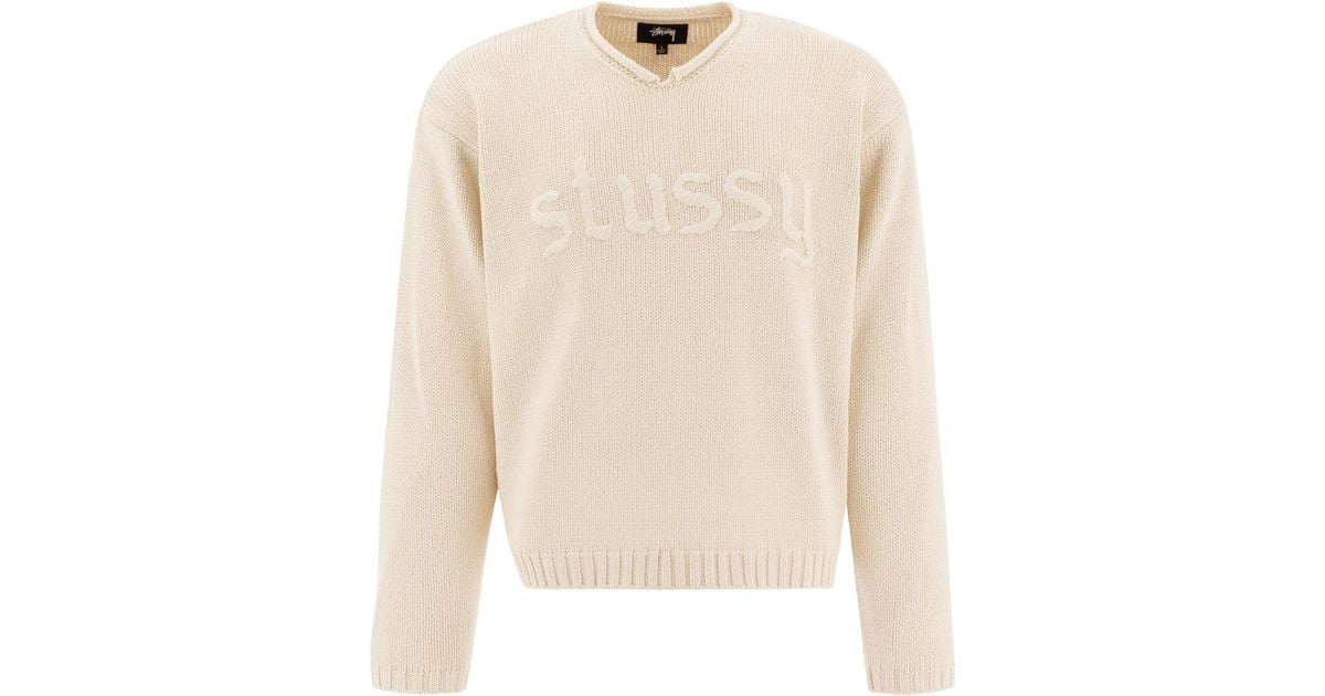 stussy-Beige-V-Neck-Sweater- 