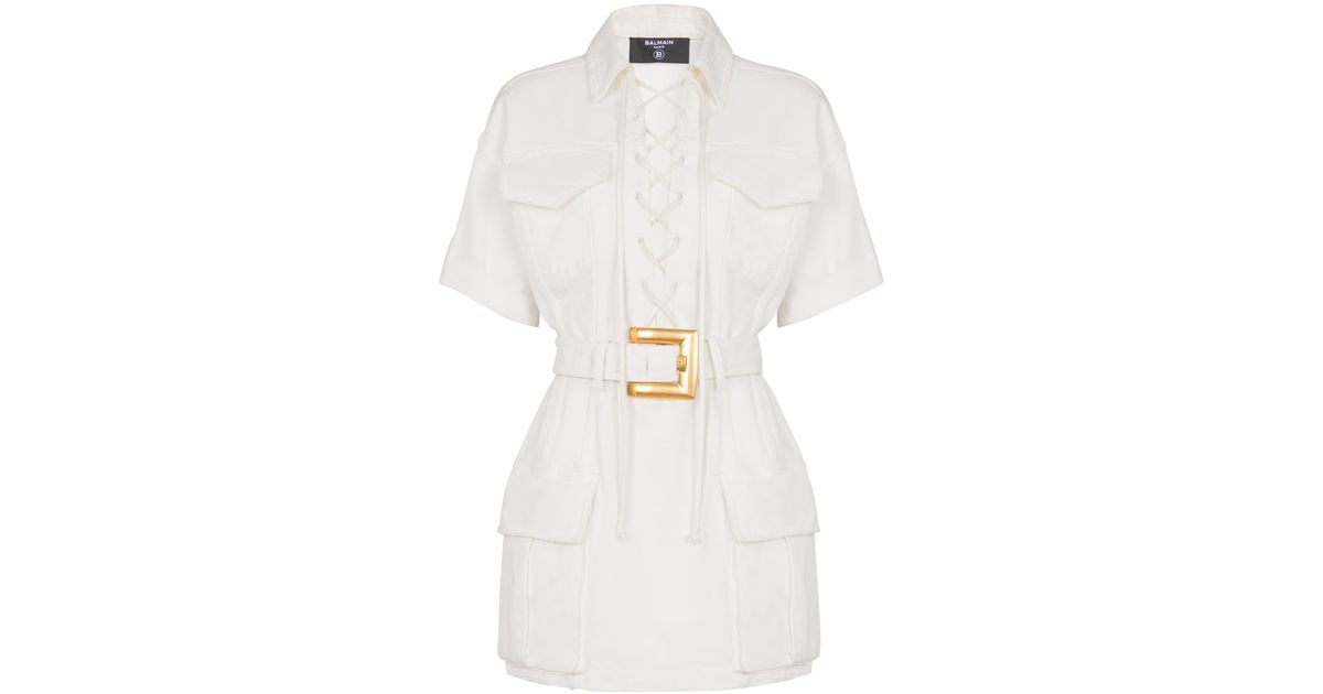 ワンピース BALMAIN COTTON GABARDINE SHORT DRESS (FF1R7415DF78 0FC) Short lace-up canvas dress white white - Women | BALMAIN