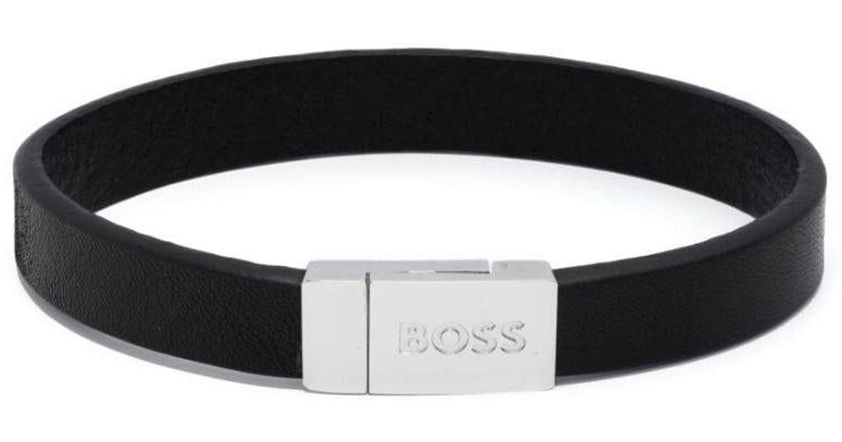 BOSS by HUGO BOSS Logoengraved Leather Bracelet in Black for Men Lyst