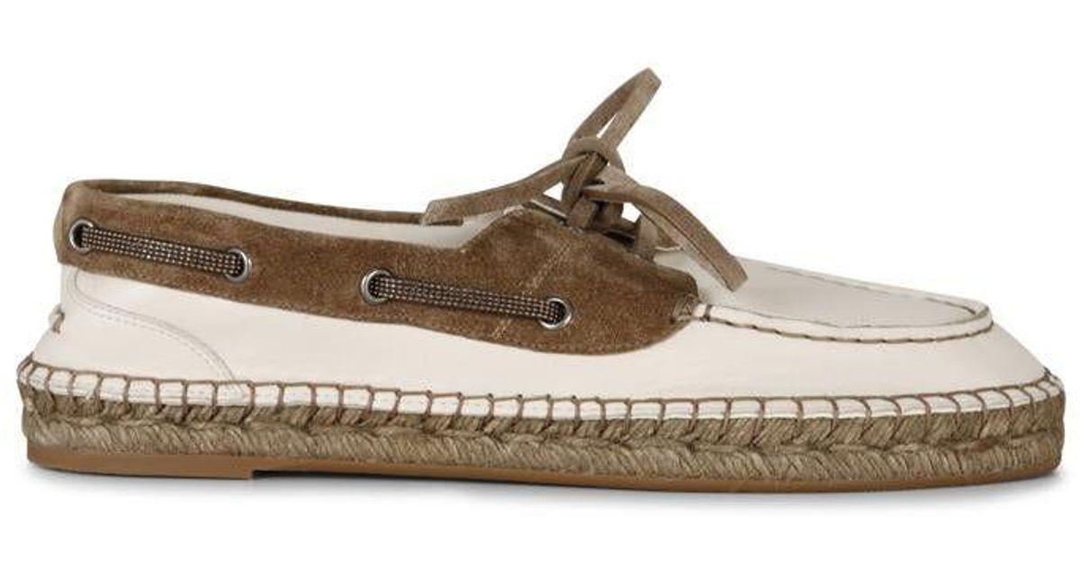 Brunello Cucinelli Leather And Suede Boat Shoes in Natural | Lyst