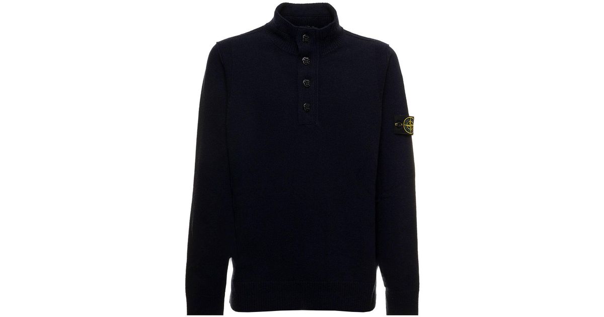 Stone Island Blue Sweater In Wool With Buttoned Turtleneck And Logo ...