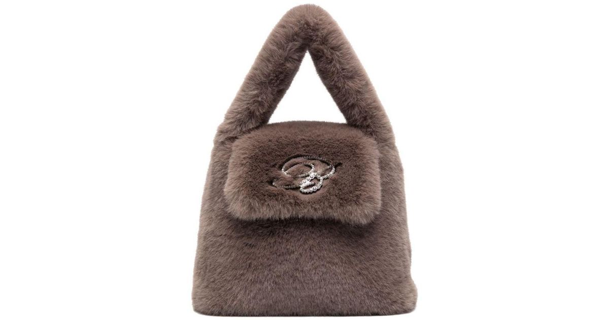 Blumarine Faux Fur Mini Bag With Flap And Logo in Brown