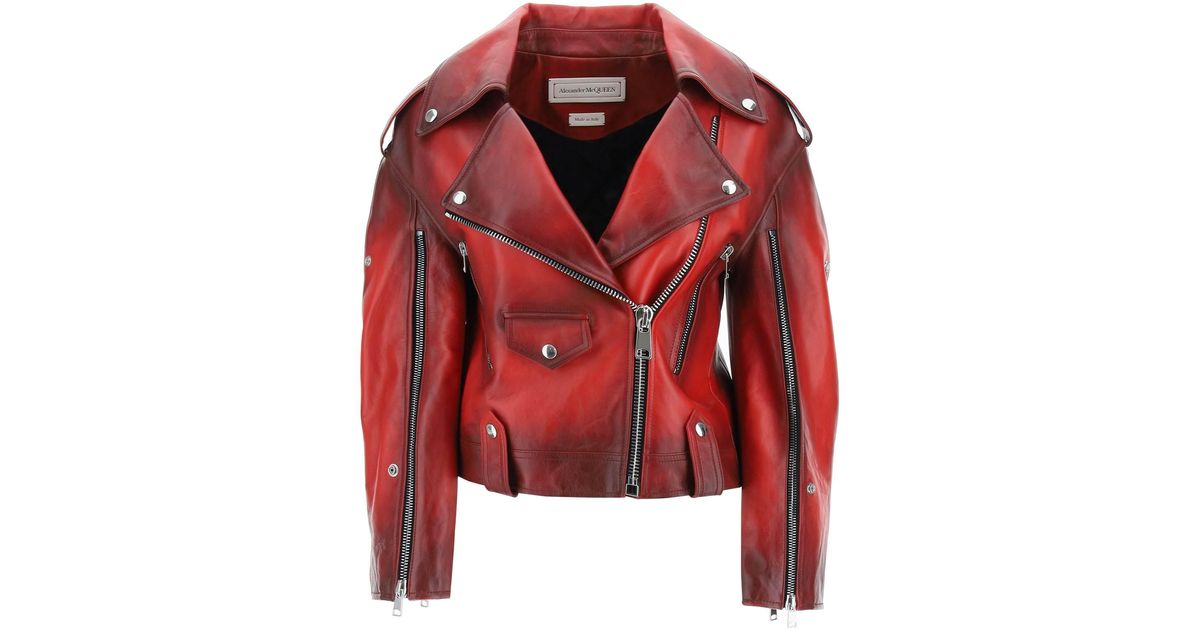 Alexander McQueen Biker Jacket In Shaded Leather in Red Burgundy (Red ...