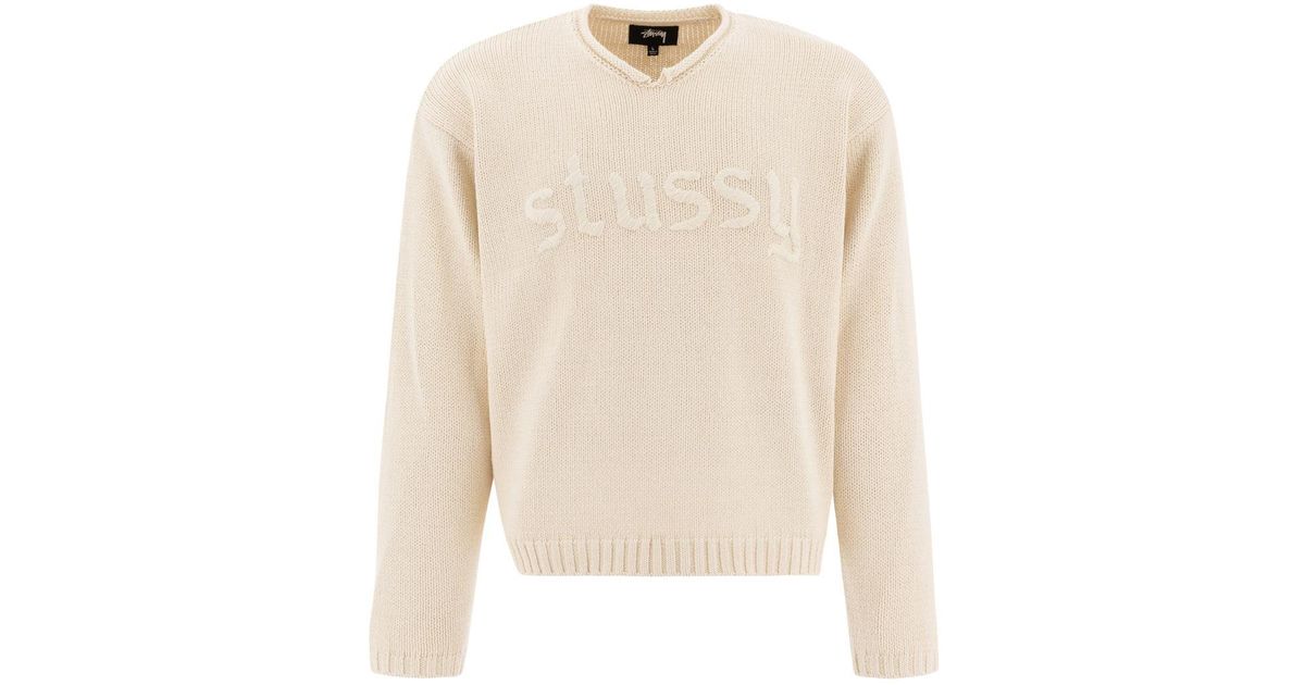stussy-Beige-V-neck-Sweater-