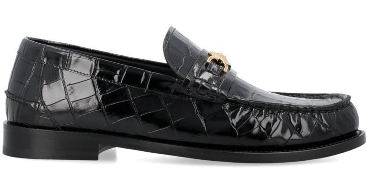 Duca Vasto Men's Green Croco Print Leather Loafers