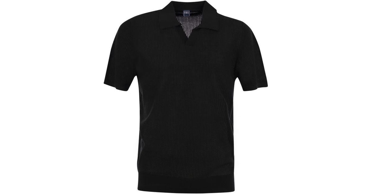 Fedeli Giza Cotton Short-Sleeved Polo Shirt in Black for Men