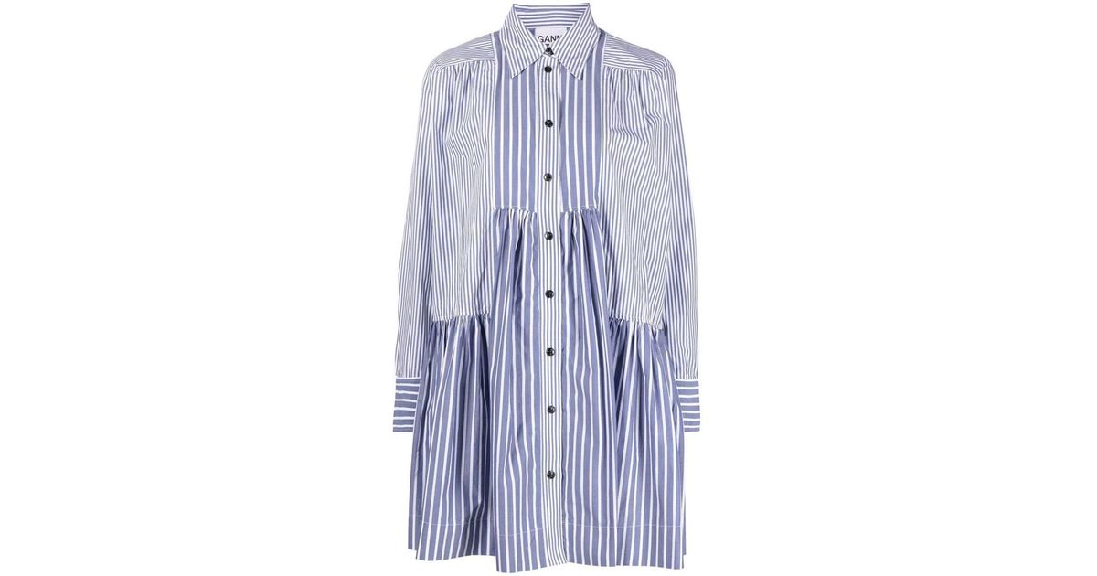 Ganni Striped Dress In Cotton in Blue Lyst