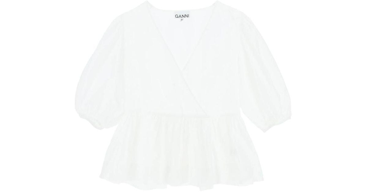 Ganni Peplum Top With Puff Sleeves in White | Lyst