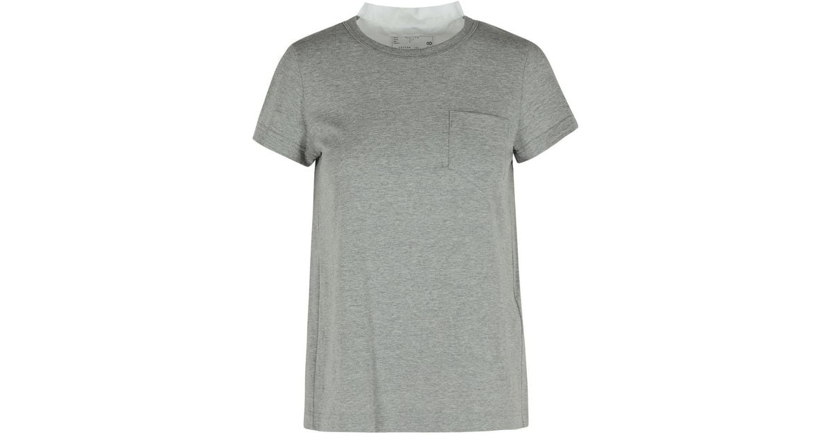 Sacai Ribbed Cotton T-Shirt With Pleated Back Insert in Grey