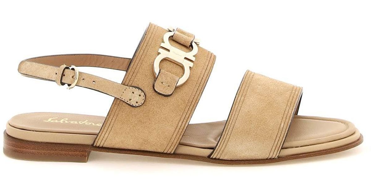 Ferragamo Suede Leather Gancini Sandals in Beige (Brown) | Lyst