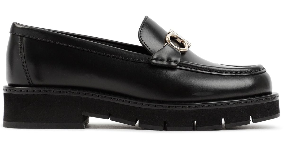 Ferragamo Rolo Leather Lug Loafers Shoes in Black | Lyst