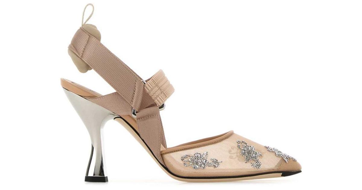 パンプス FENDI LOW-HEELED MESH SLINGBACK WITH EMBROIDERY Fendi Mesh Low-Heeled Slingbacks With Embroidery in Black | Lyst