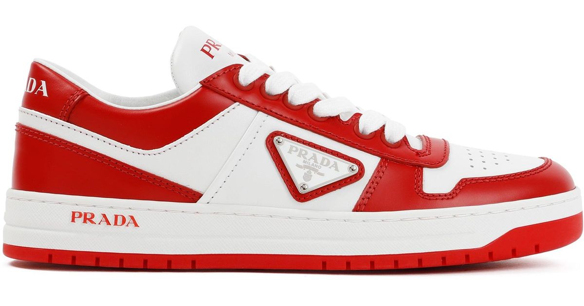 Prada Leather Downtown Sneakers Shoes in Red | Lyst