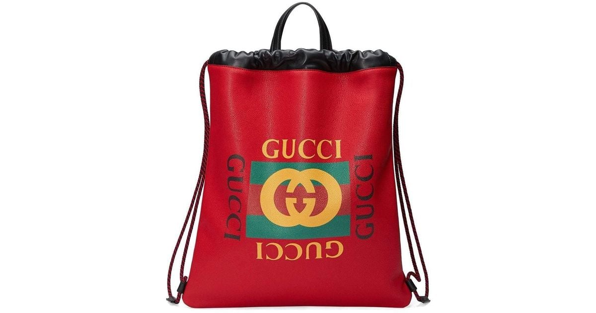 Red Leather Logo Print Drawstring Backpack Large