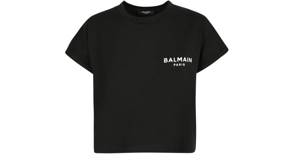balmain cropped flocked cotton jersey t shirt