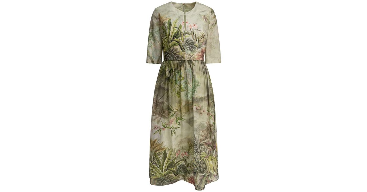 Elie Saab Printed Linen And Silk Midi Dress Oasis Ii38 Linen