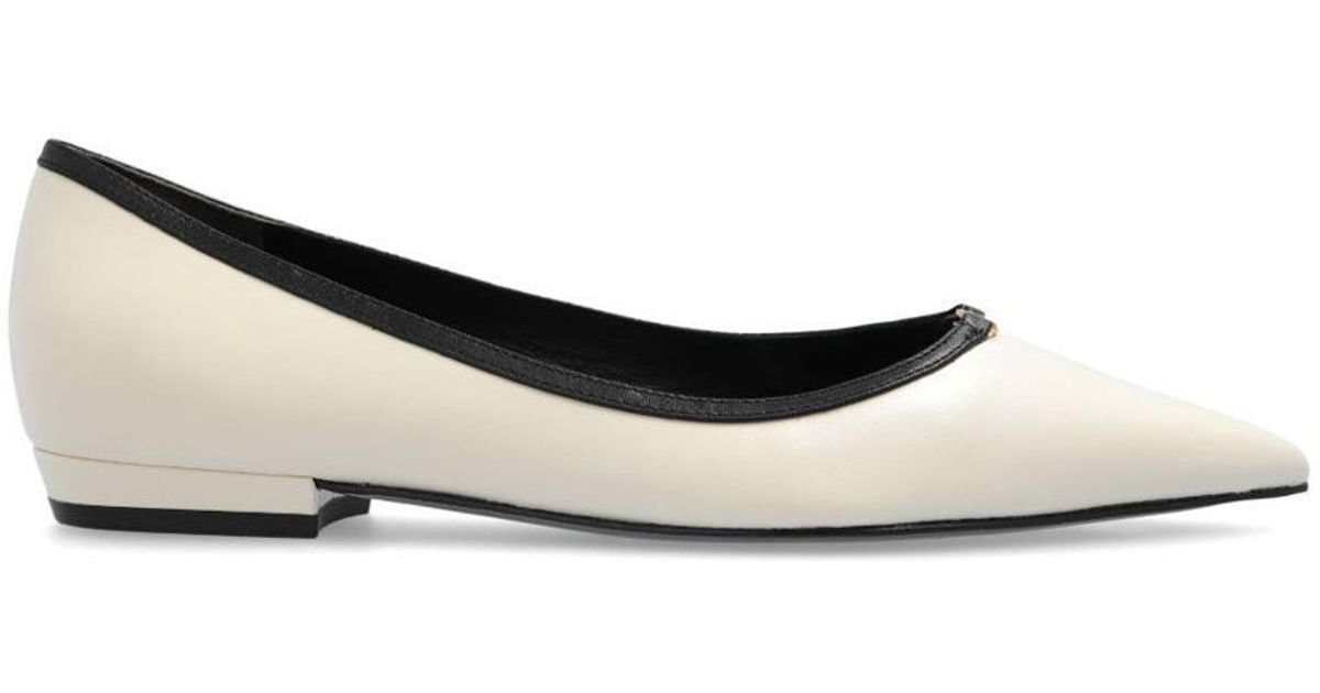 Tory Burch Double T Buckle Pointed Toe Flat Shoes in Natural