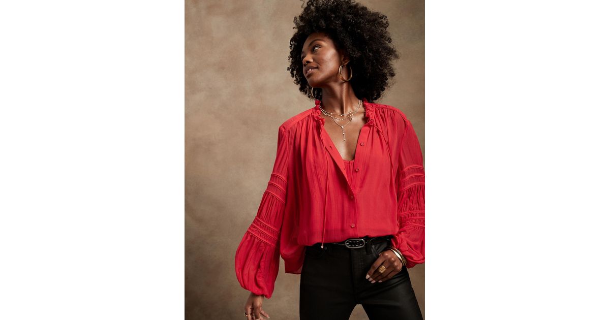 Banana Republic Crinkle Balloon-sleeve Blouse in Red | Lyst