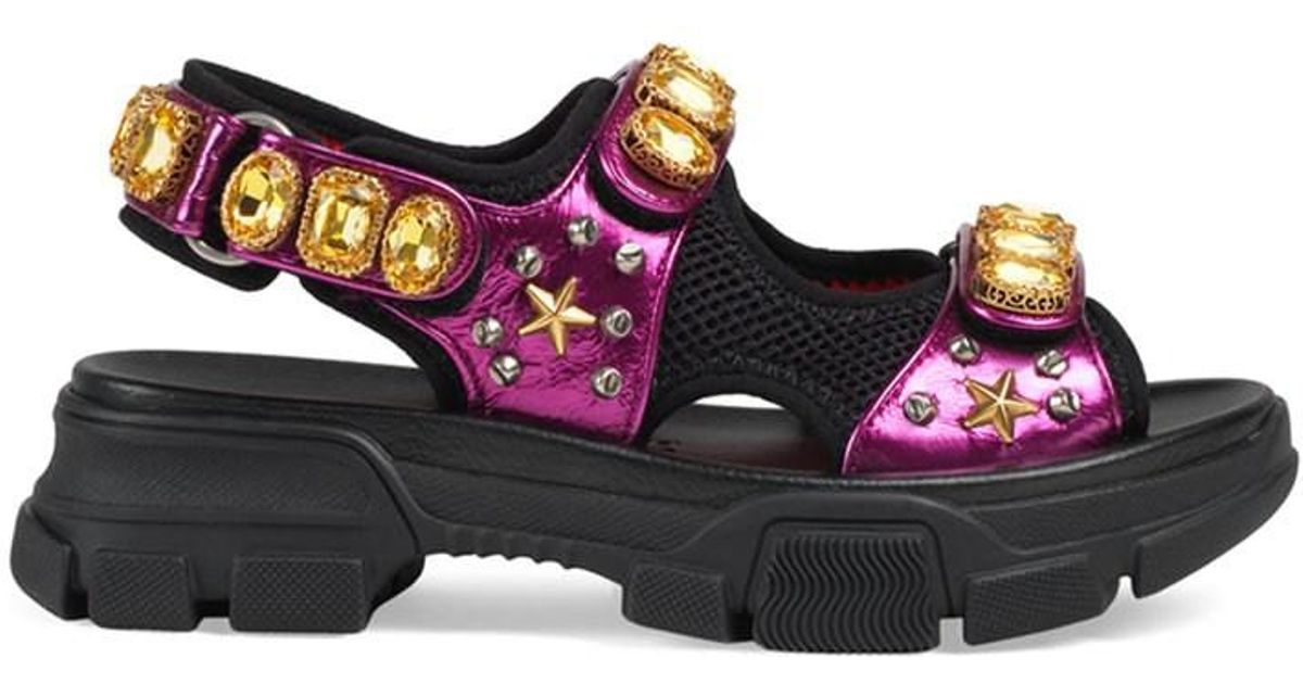 Gucci Metallic Leather Sandal With Crystals in md. Pink (Pink) - Lyst