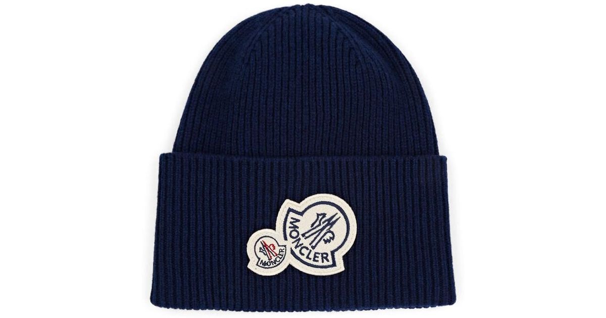 Moncler Double-logo-patch Wool-cashmere Beanie in Blue for Men - Lyst