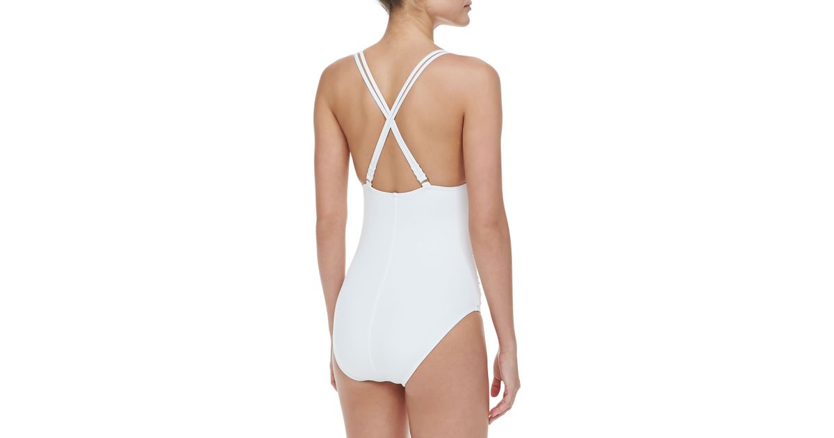 white ruched one piece swimsuit