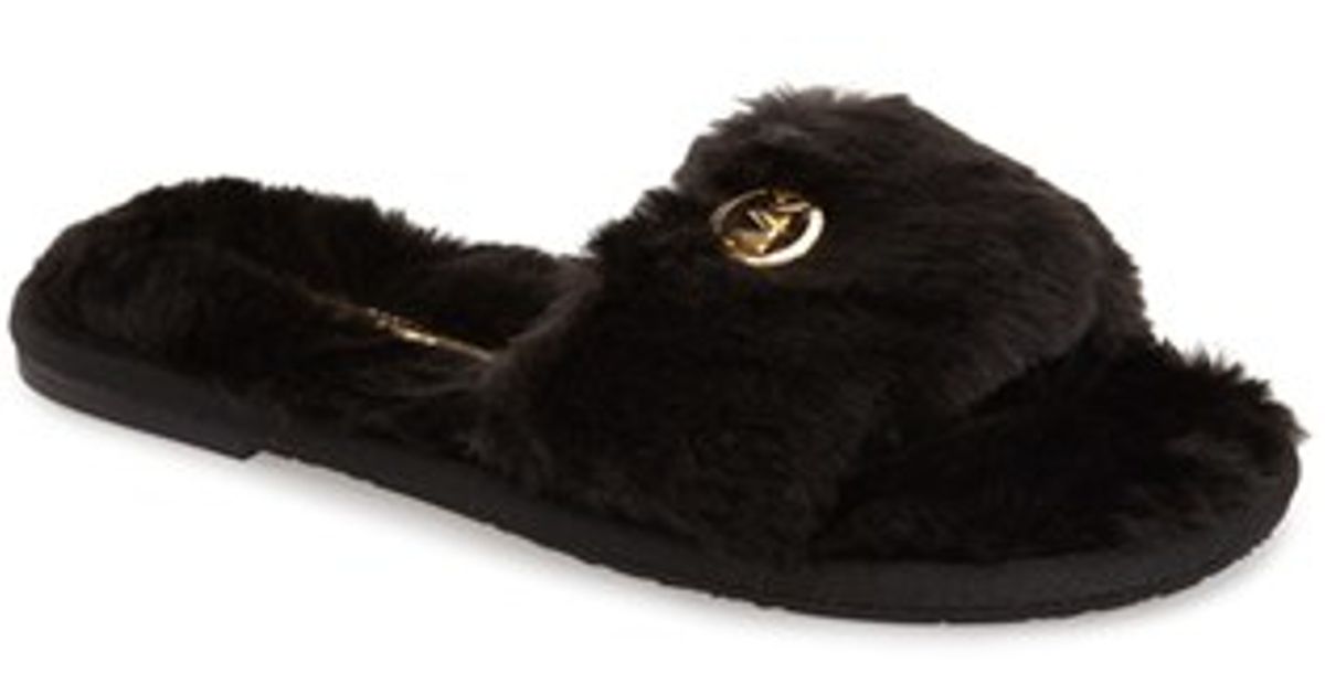 mk faux fur slides