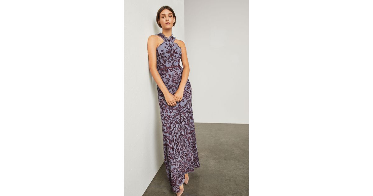 bcbg embroidered chiffon halter gown