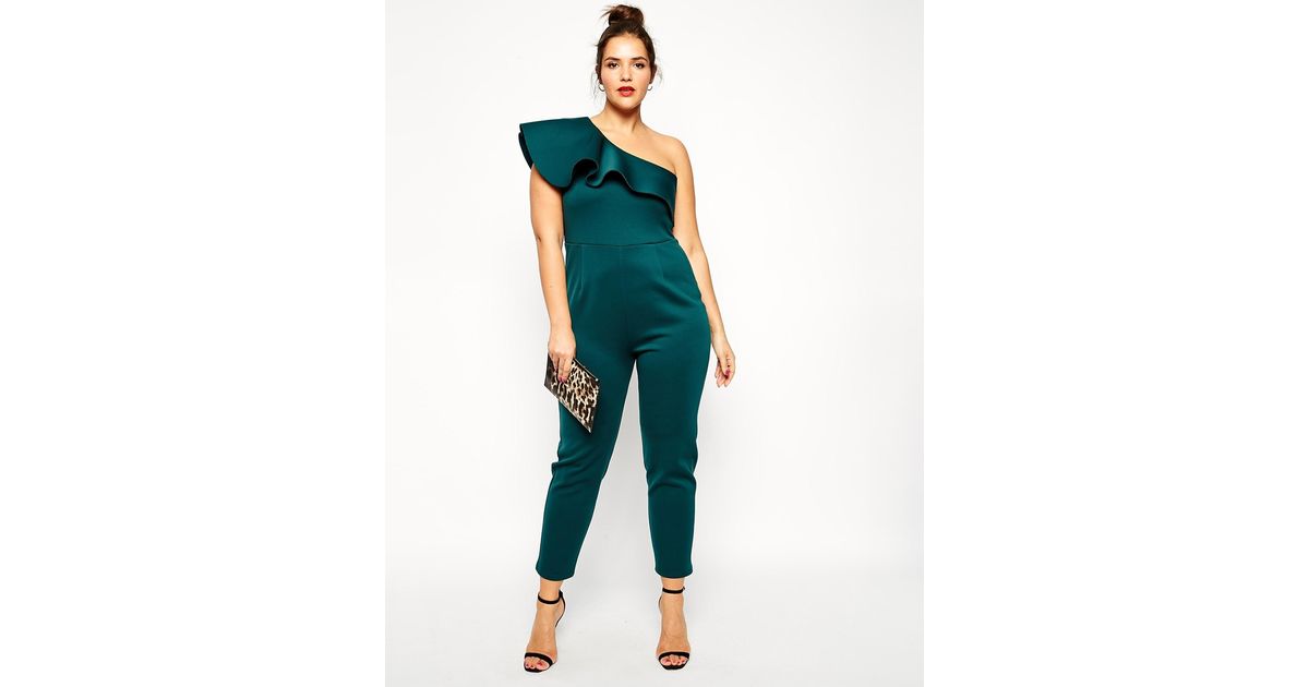 one shoulder green jumpsuit