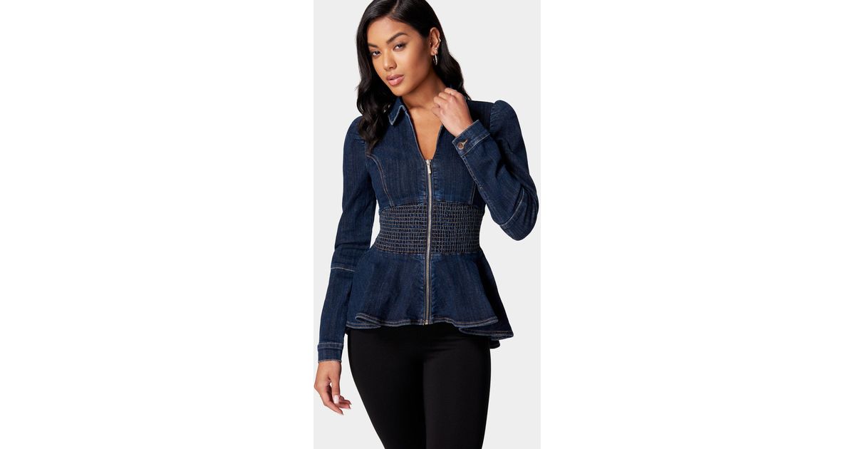 Bebe Smocked Waist Front Zip Denim Jacket in Blue Lyst