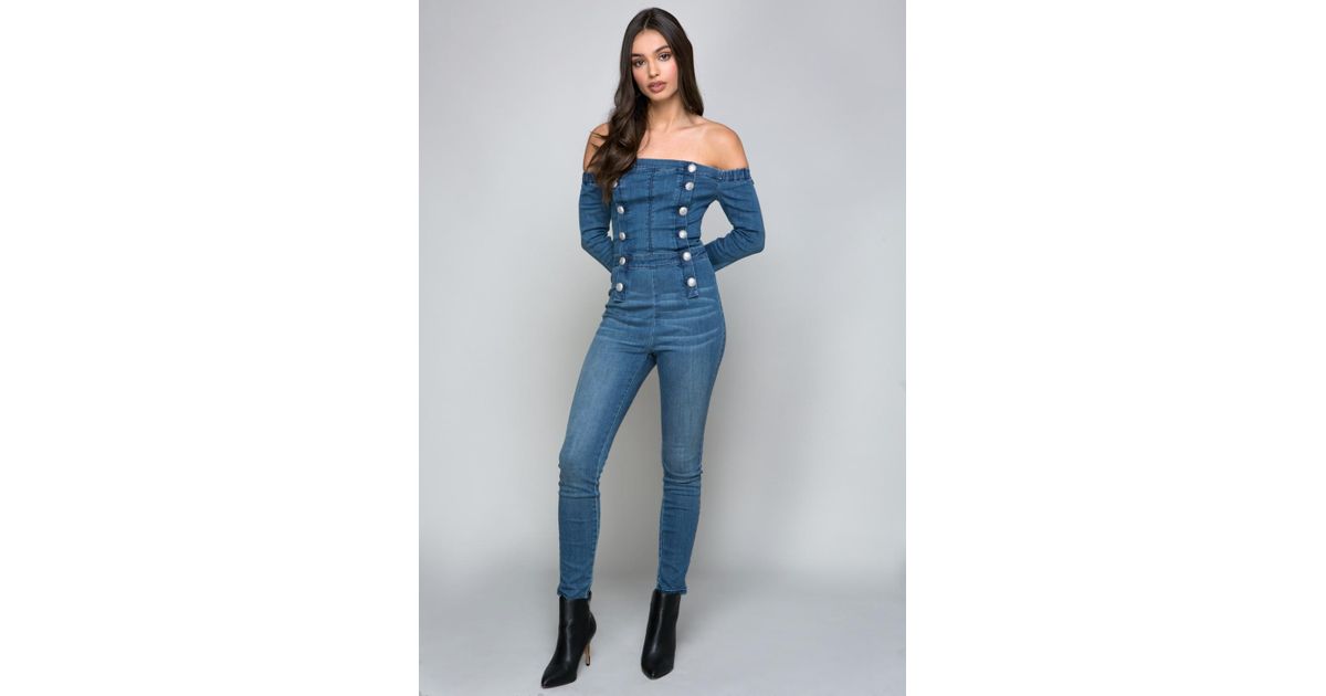 off the shoulder denim romper