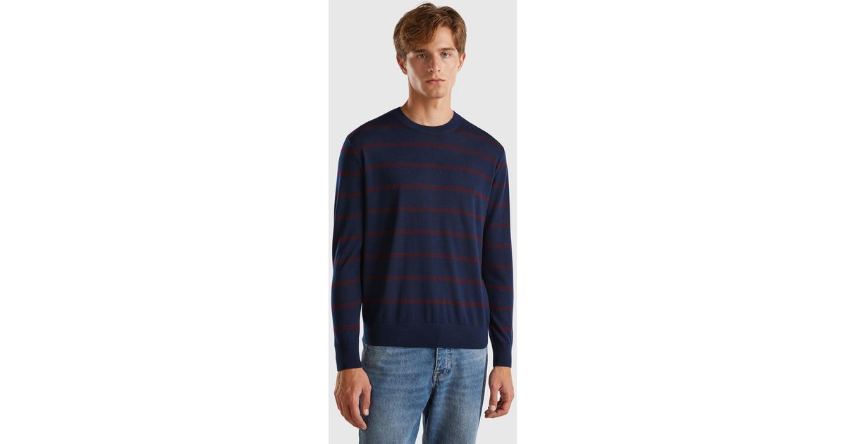 Benetton Pull Raye En Pure Laine Merinos Bleu Fonce Homme Benetton pour homme en coloris Bleu Lyst