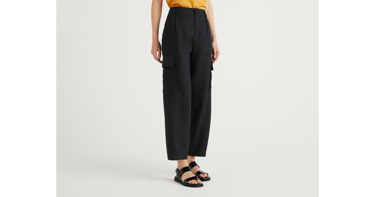Pantaloni Cargo 100% Lino di Benetton in Nero | Lyst