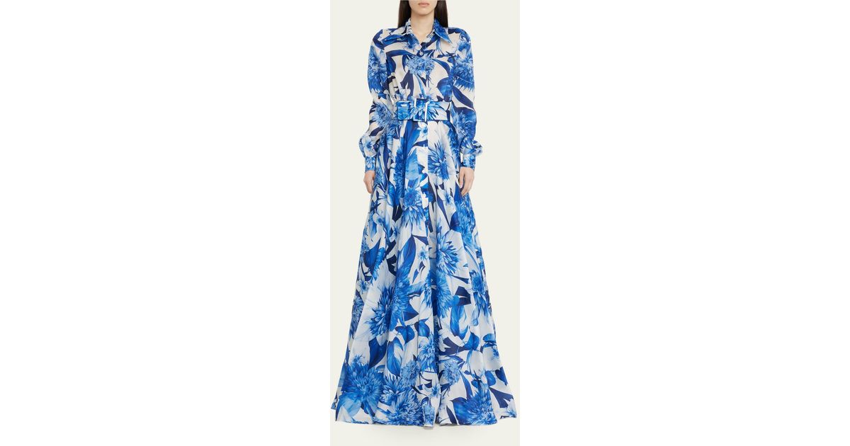Naeem Khan Floral-print Belted Trench Gown in Blue | Lyst