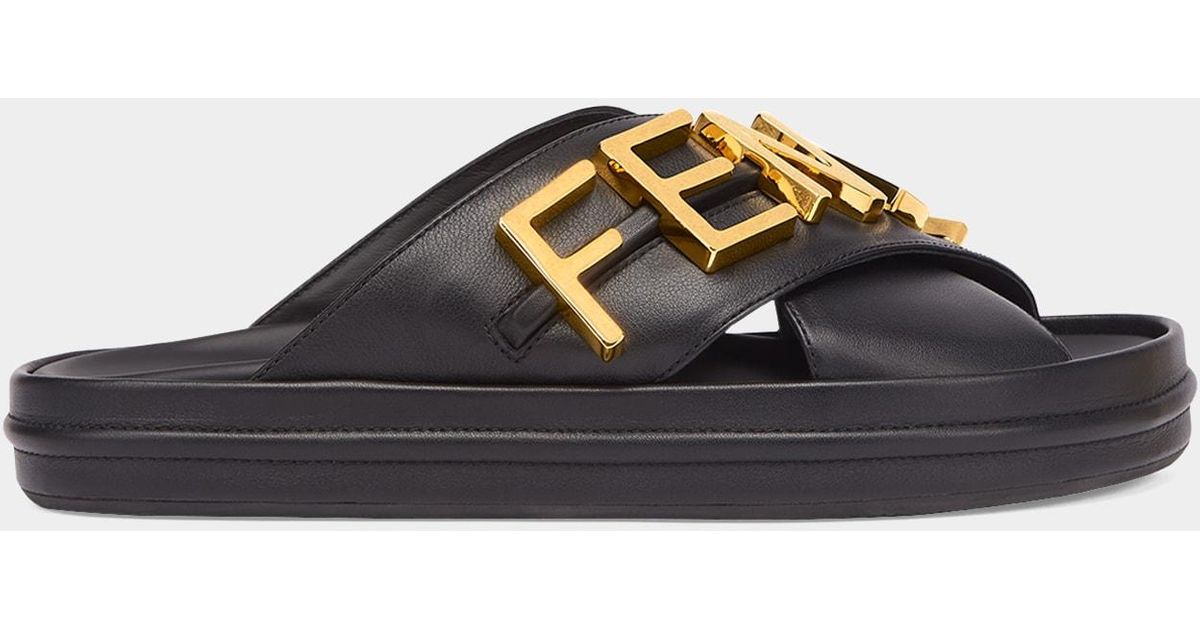 Fendi Logo Letter Crisscross Slide Sandals in Black | Lyst
