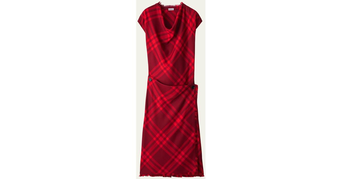Burberry Check Capsleeve Fringeedge Wrap Wool Dress in Red Lyst