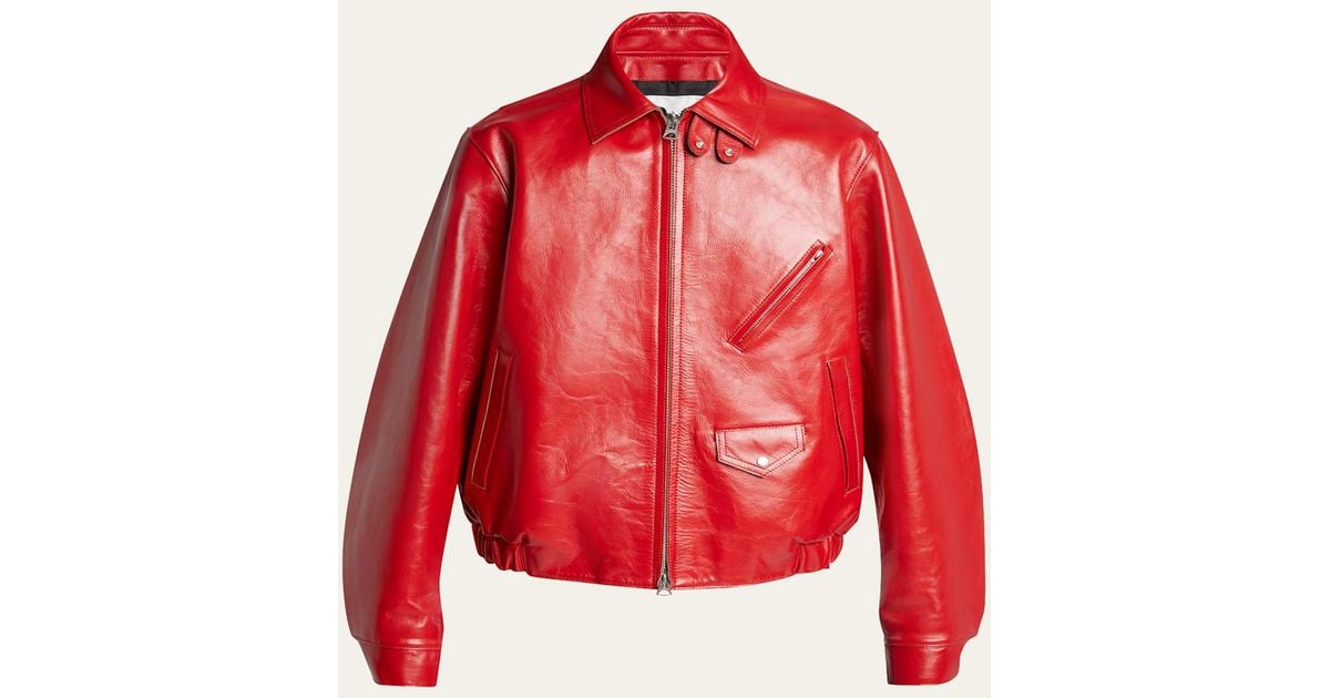 Sacai Shiny Leather Moto Jacket in Red for Men | Lyst