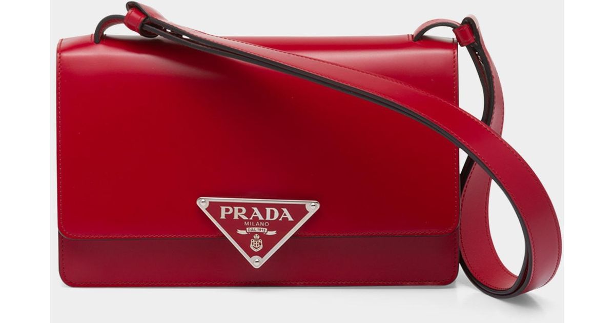 Prada Triangle Logo Spazzolato Leather Shoulder Bag in Red | Lyst