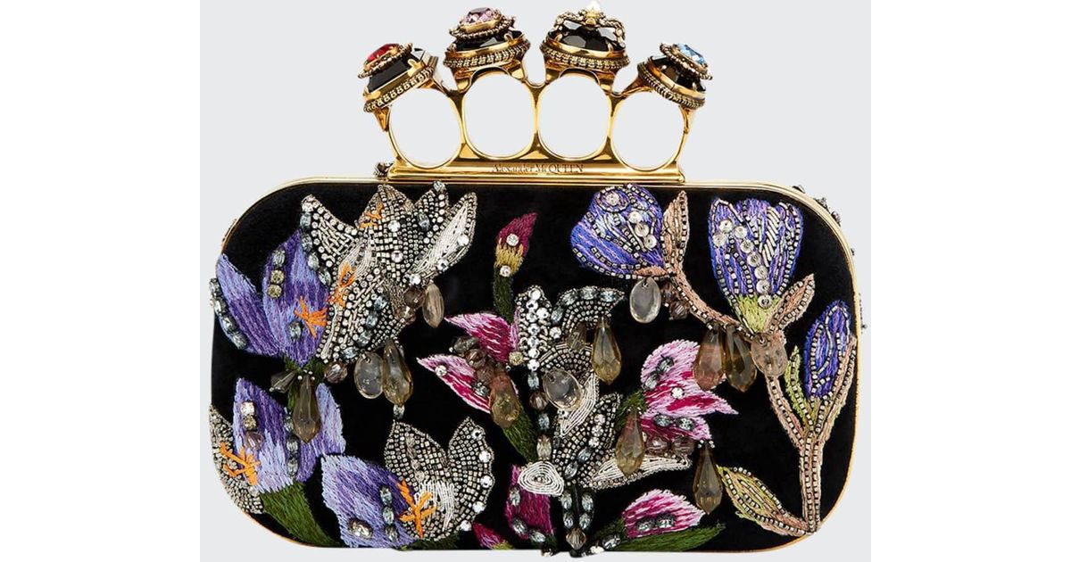 Alexander McQueen Suede Jeweled Butterfly Box Clutch Bag in Black