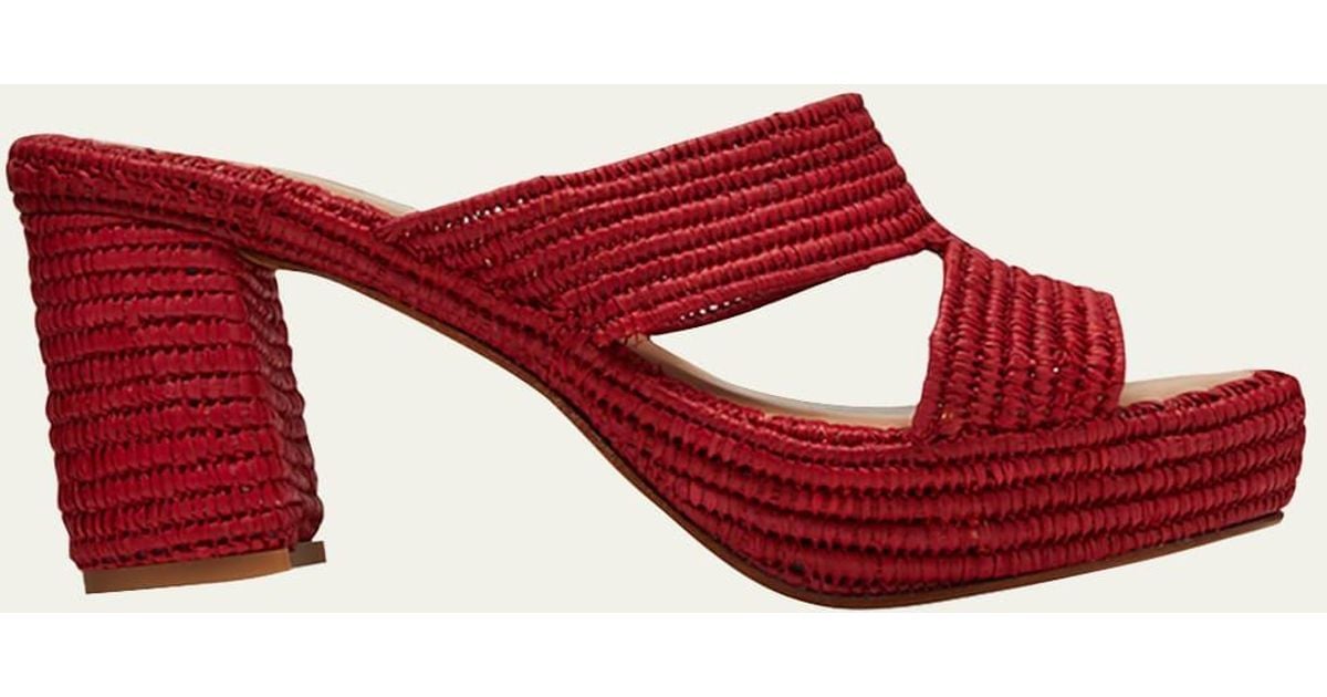 Carrie Forbes Raffia Crisscross Block-heel Sandals in Red | Lyst