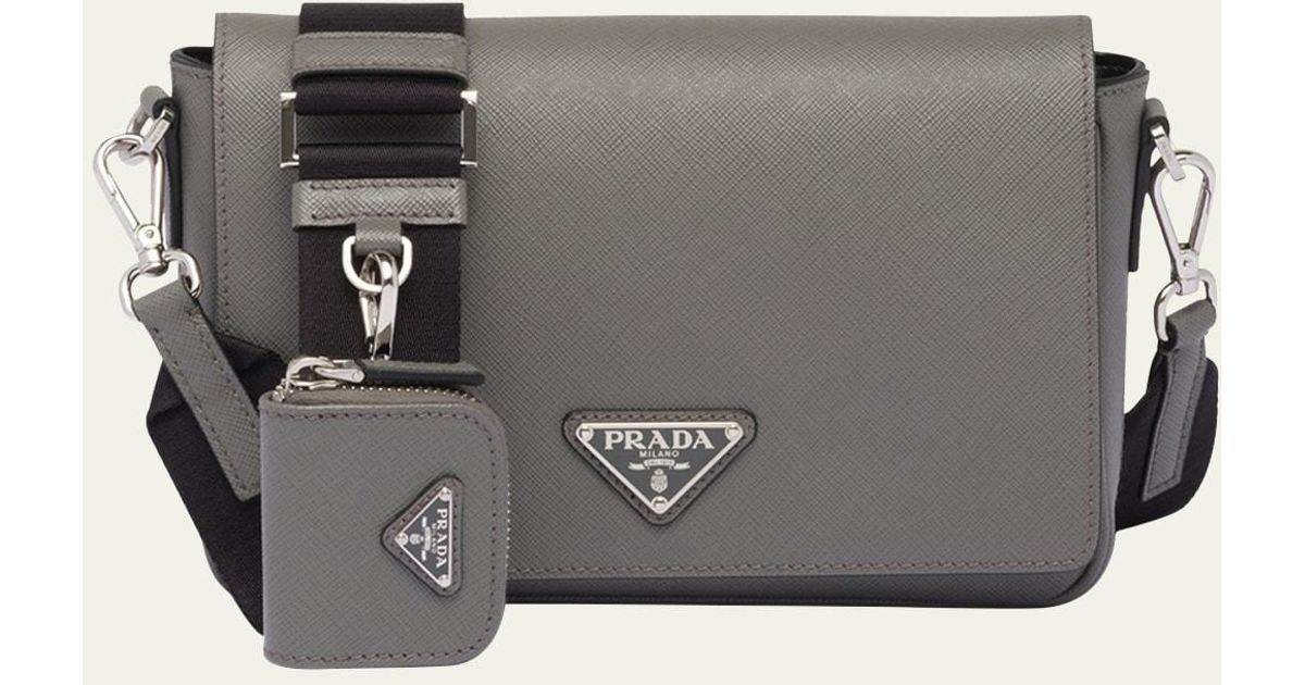 Prada Saffiano Leather Messenger Bag With Pouch in Gray for Men Lyst